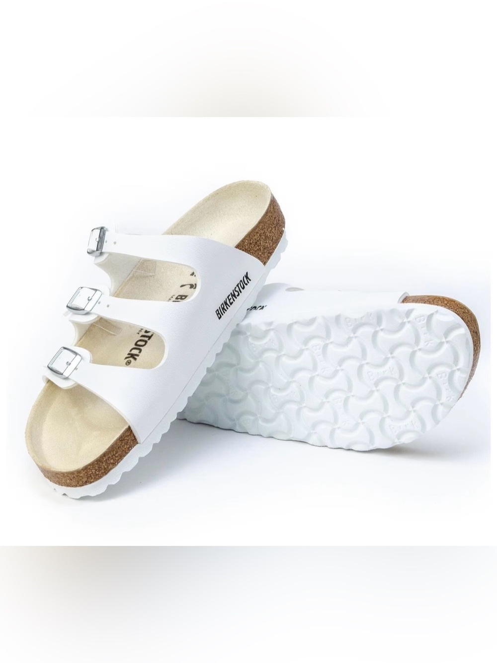 Birkenstock Florida Birko Flor White 3-Strap Buckle Slides Sandals NEW